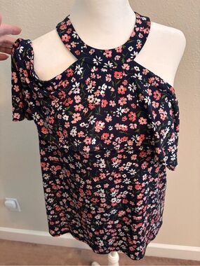 Michael Kors Navy Floral Halter Cold-Shoulder Top